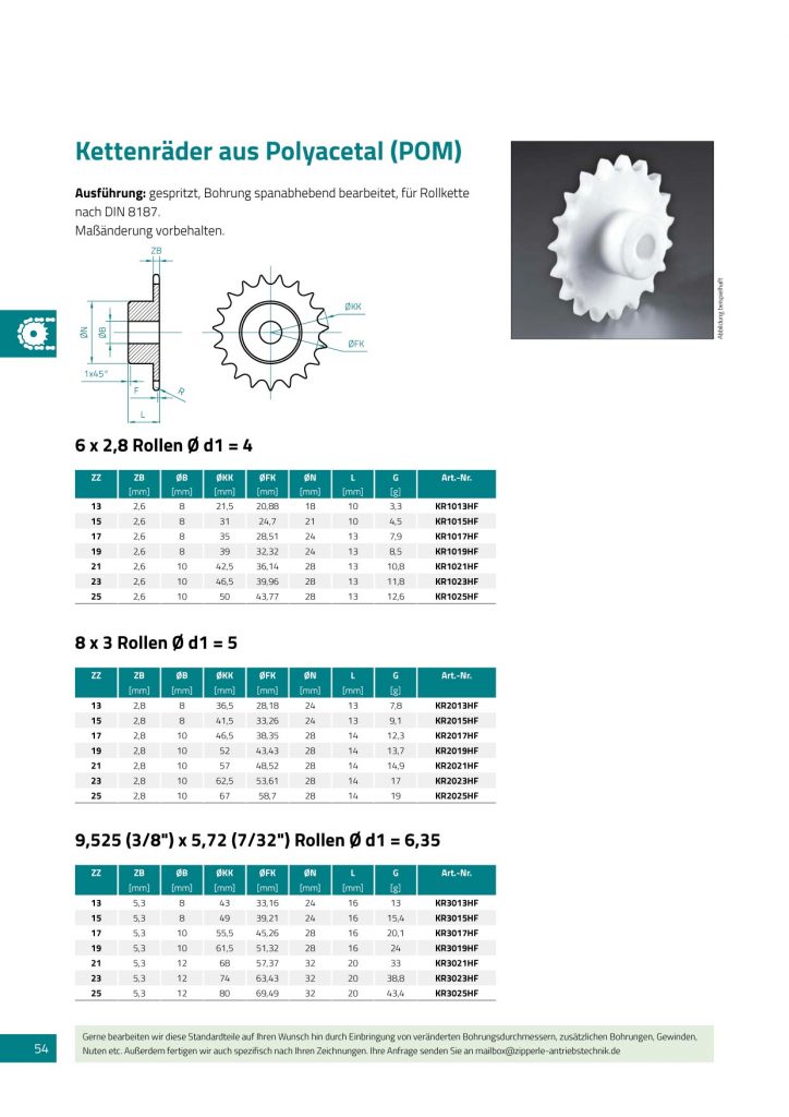 Sprockets made of polyacetal (POM), 9,525 (3/8”) x 5,72 (7/32”) roller