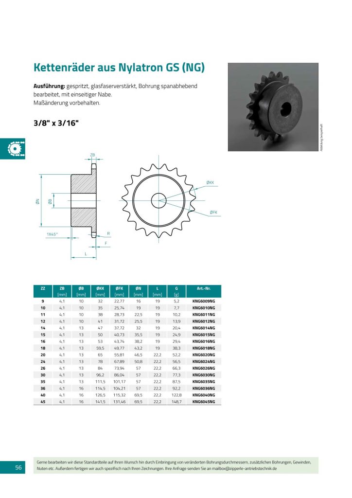Sprockets made of Nylatron GS (NG), 3/8“ x 3/16“ Zipperle
